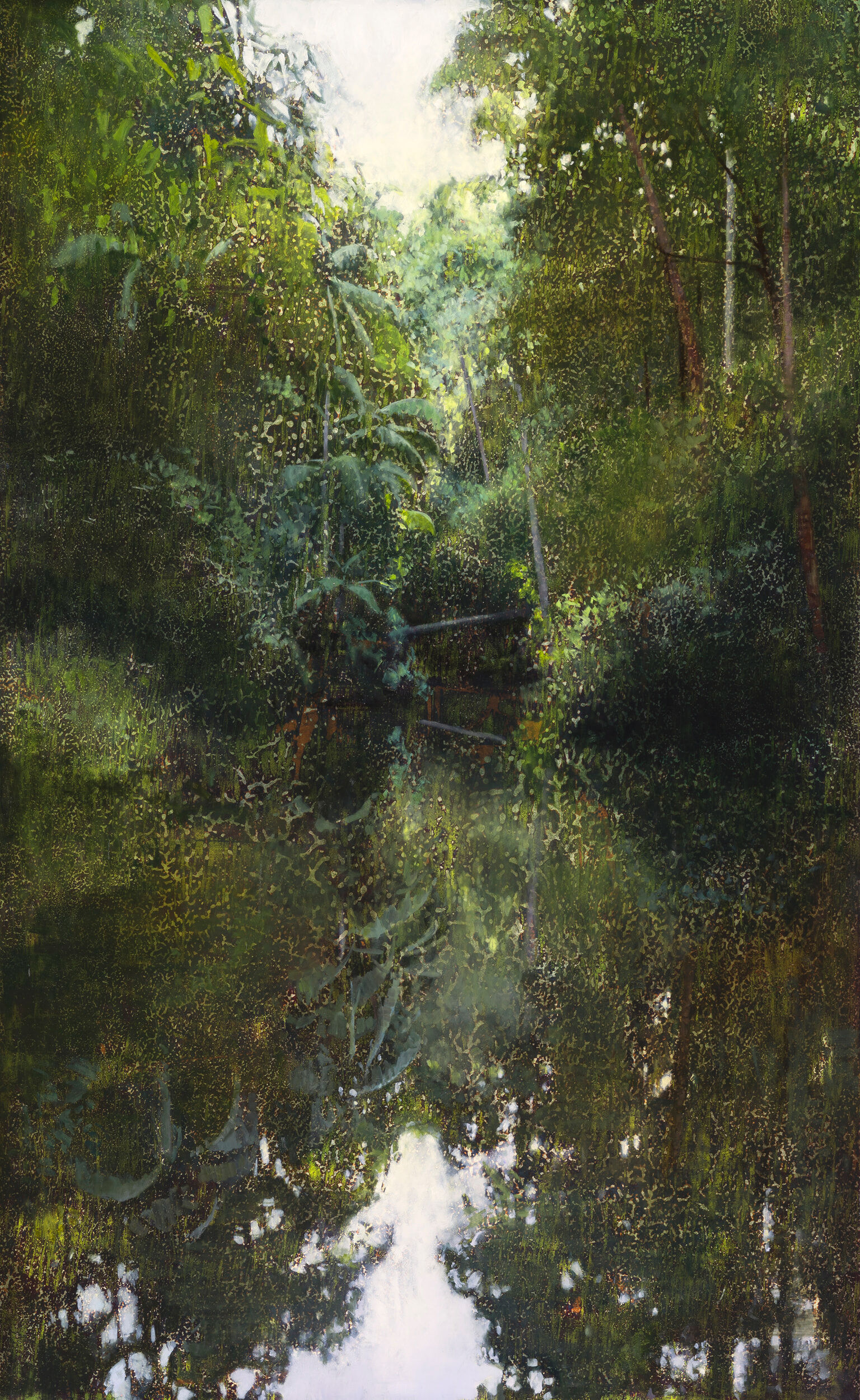 AJ Taylor, Reflected Palms, Rocky Creek, 2020, oil on board, 121.5 x 74 cm