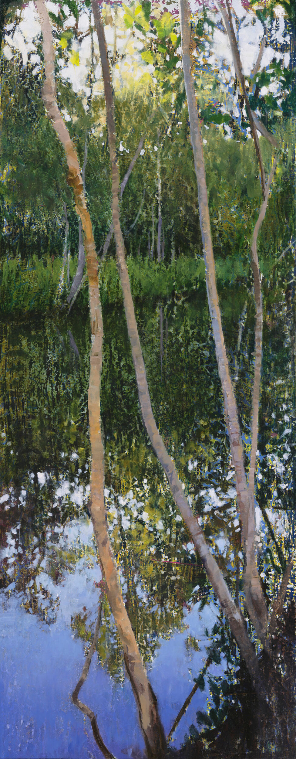 AJ Taylor, Riverbank and Refection, Murdering Creek, 2020, oil on board, 70 x 27.5 cm