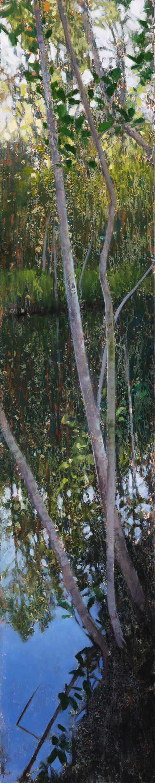 AJ Taylor, Reflected Landscape, Murdering Creek, 2020, oil on board, 70 x 14 cm