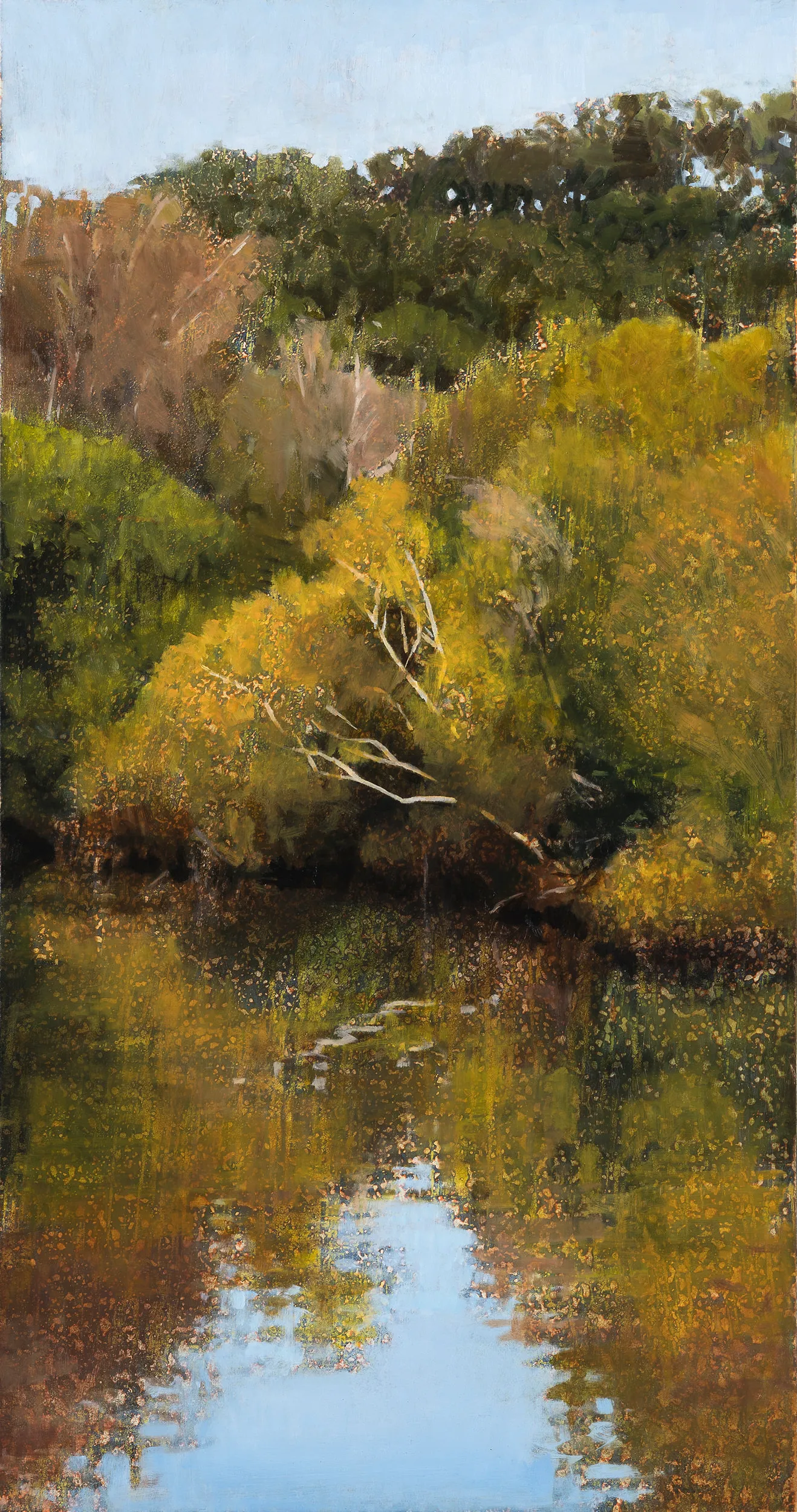 AJ Taylor, Mangrove and She-Oaks, 2020, oil on board, 49.5 x 26 cm