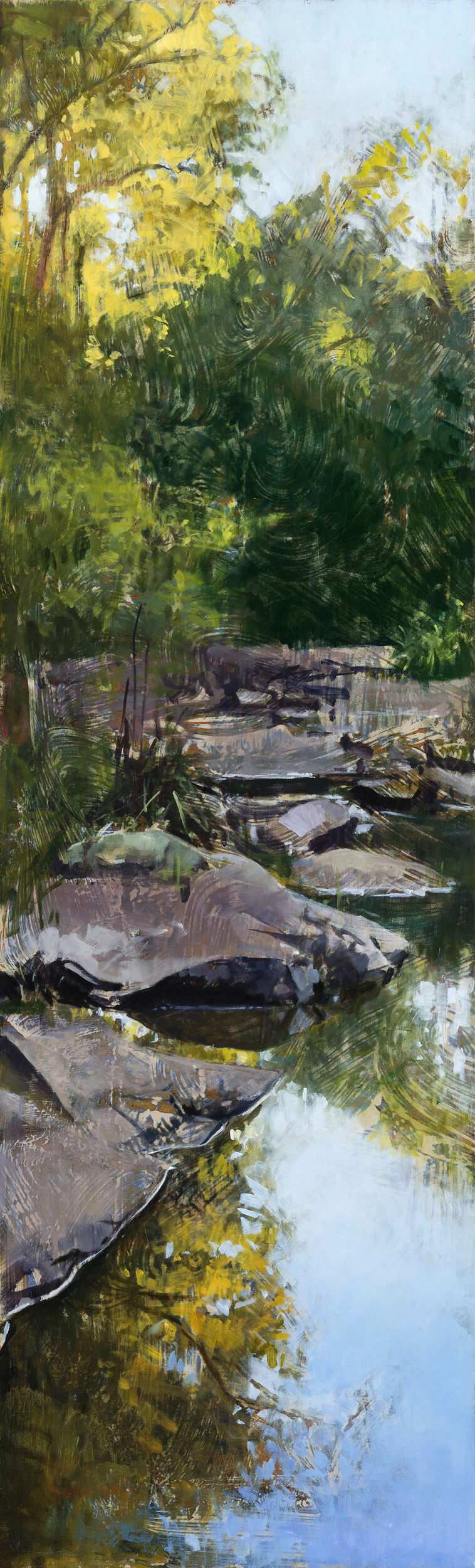 AJ Taylor, Afternoon Reflection, Rocky Creek, 2020, oil on board, 80 x 24 cm